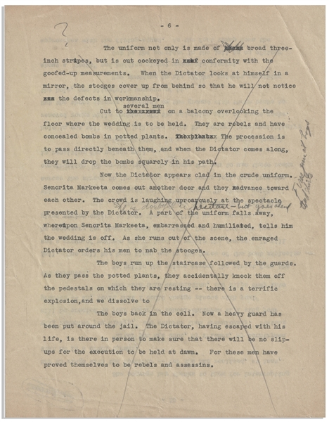 Moe Howard's 18pp. Outline From 1938 for The Three Stooges Film ''Saved by the Belle'' -- With Numerous Annotations in Moe's Hand Throughout